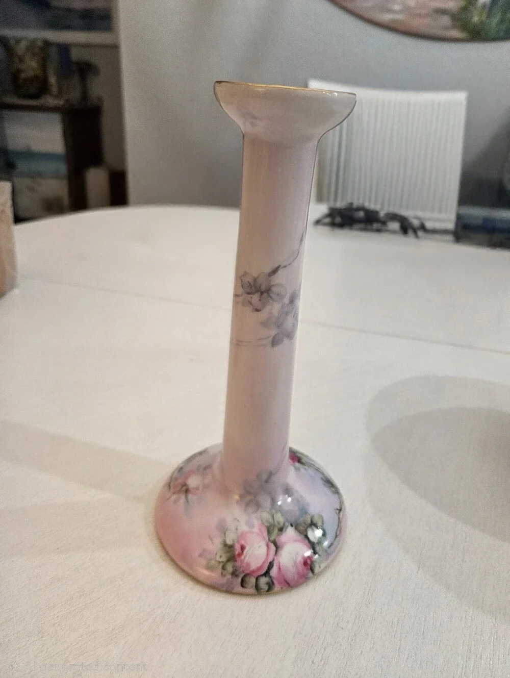 Hand Painted Limoges Pink Roses Signed By Artist Candlestick